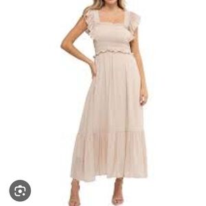 August SKY Elegant Cream Womens Smocked Bodice Ruffle Sleeve Midi Dress,  Small